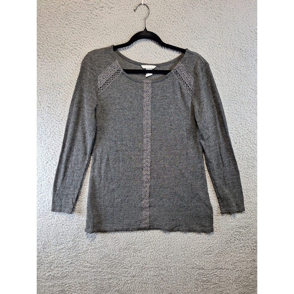 H&M Top Womens Large Gray‎ Ribbed Knit Viscose Lace Trim Long Sleeve Round Neck